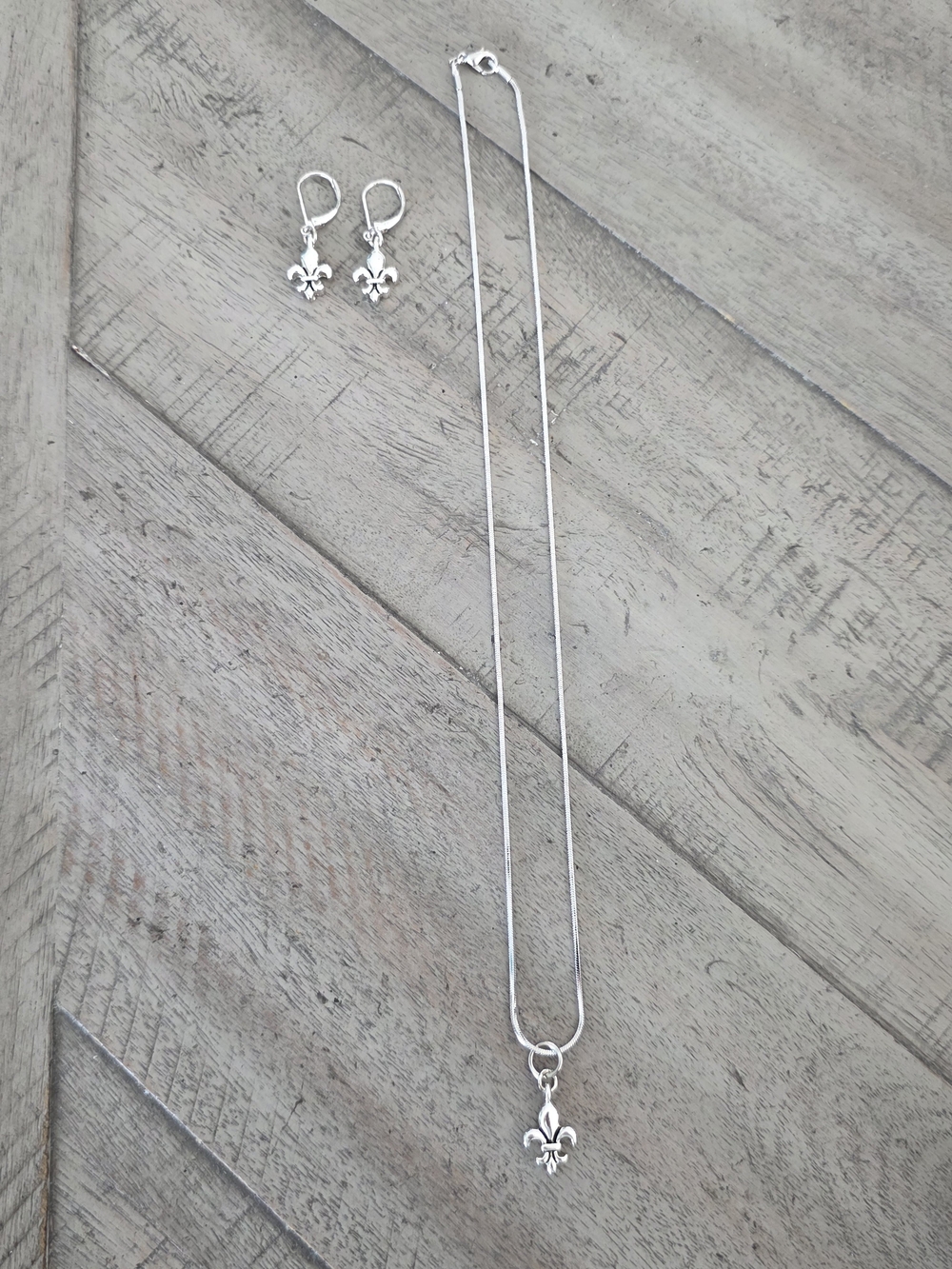 Stainless Fleur-de-Lis Necklace and Earring Set - Silver